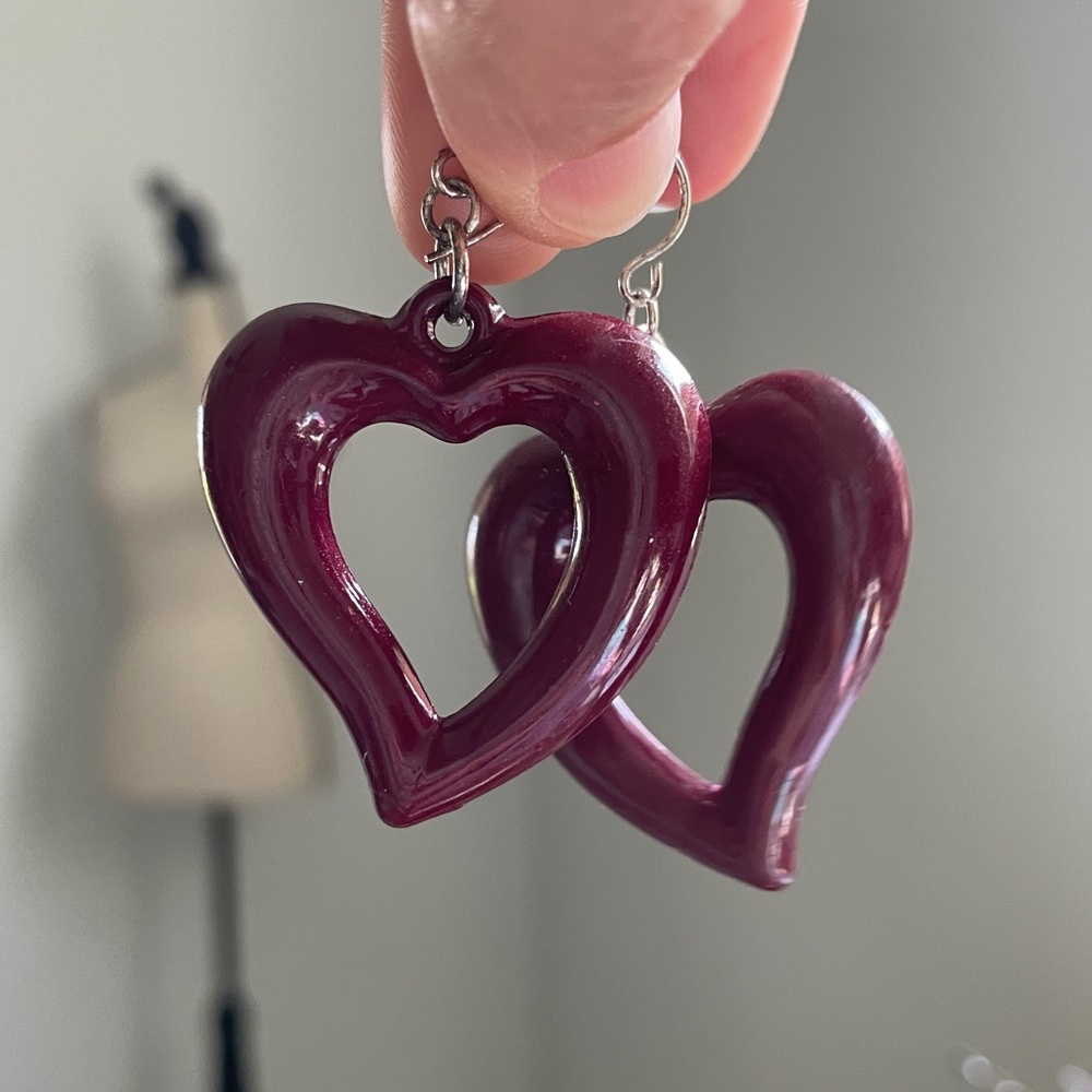Retro Heart‎ Shaped Earrings Burgundy Red Mod Dangle Y2K 90s Vintage Jewelry